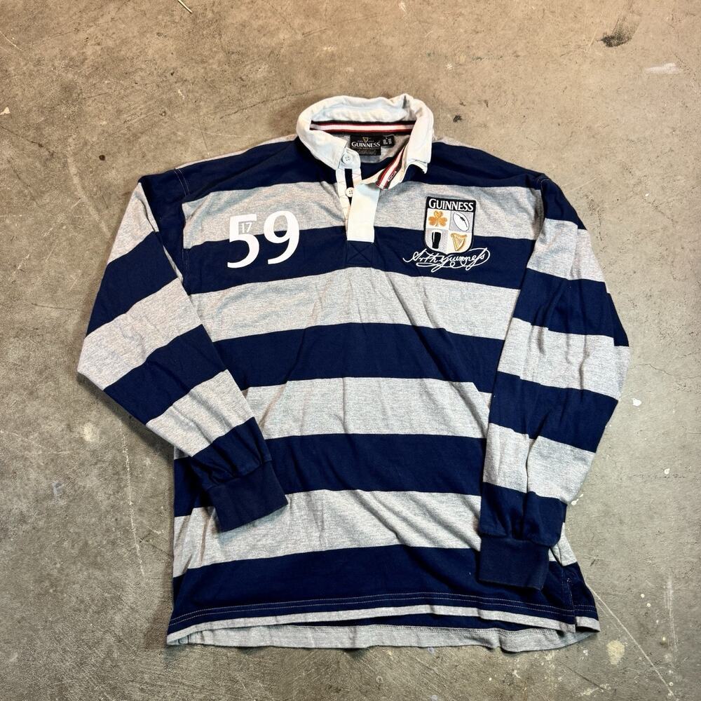 Vintage Guinness Embroidered Rugby Polo Shirt Men Blue White Long Sleeve Size L
